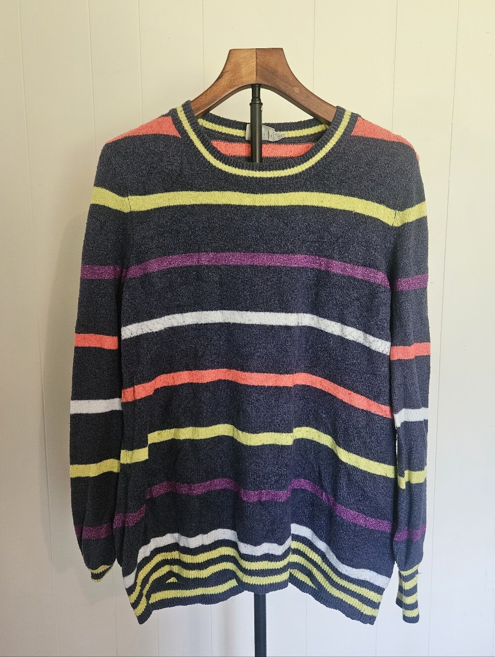 Terra & Sky Gray Crewneck Sweater with Yellow, White, Purple & Coral Stripes